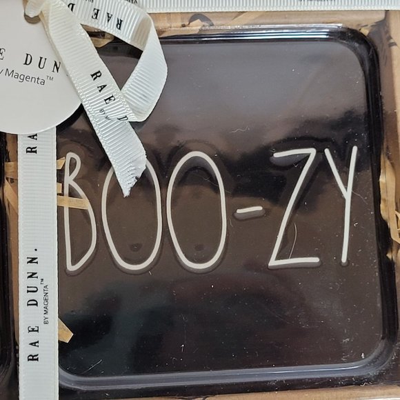 Rae Dunn Halloween Coasters Set of 4 Black White Writing New Unused Original Pkg - Picture 5 of 9